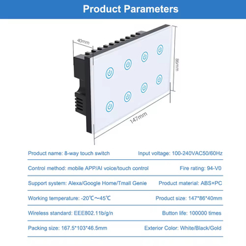 Glomarket 8 gang Tuya Wifi Smart Touch Switch