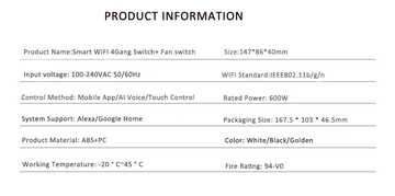 Wifi Tuya Light 4 Gang Switch Fan