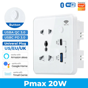 Glomarket Tuya Wifi Smart Universal Power Wall Plug With USB Type C Grass Panel Smart Plug Socket